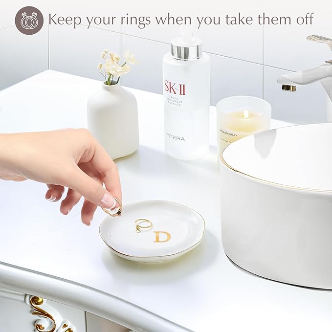 ProCase Ceramic Jewelry Tray, Initial Ring Dish Trinket Plate Engagement Gift, Small Personalized Monogram Ring Bowl for Wedding, White Decorative Jewelry Holder for Women Vanity -Letter D