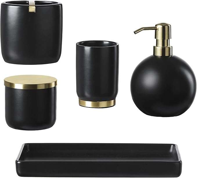 Bathroom Accessories Set, 5-Piece Ceramic Bath Accessory Complete Set with Lotion Dispenser/Soap Pump, Cotton Jar, Vanity Tray, Tumbler and Toothbrush Holder (Black and Gold)