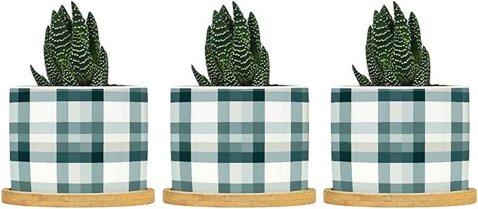 Sage Green Buffalo Plaid Planter Ceramic Green Buffalo Check Round Plant Pots with Drainage Holes and Bamboo Tray Pot for Pots Outdoor Indoor Plants