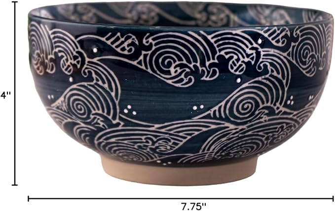Urban Tokyo Japanese Kamameshi Style Ceramic Glazed Japanese Ramen Udon Pho Noodle Bowl With Spoon, Bamboo Lid, Chopsticks and Trivet 5 Piece Set (Nami Waves)