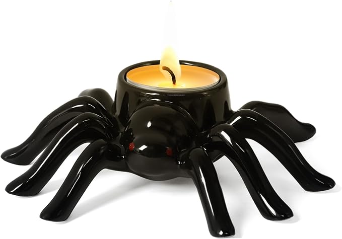 Halloween Candle Holder Black Spider Ceramic Candle Holder Halloween Decorations for Home Office Table Centerpiece, Scary Spider Tealight Candlestick for Party Decoration