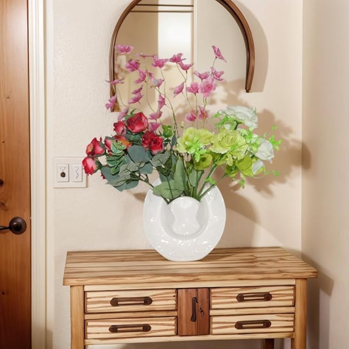Vase White Hanging Vase, Ceramic Cowboy Hat Wall Plant Holder, Unique Modern 3D Wall Art Decoration