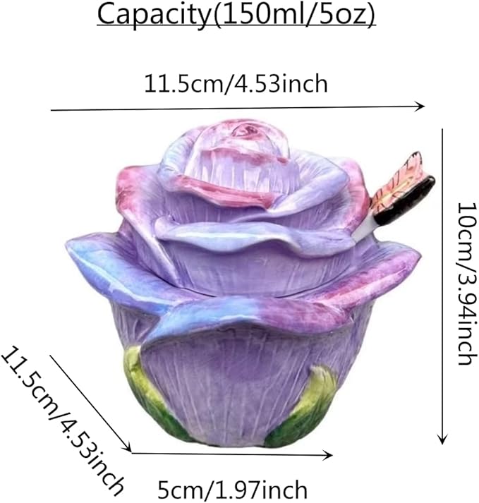 Ceramic Rose Spice Jars - 3D Hand-Sculpted & Hand-Painted Condiment Pots for Salt, Sugar, Pepper (Pinkish Purple)