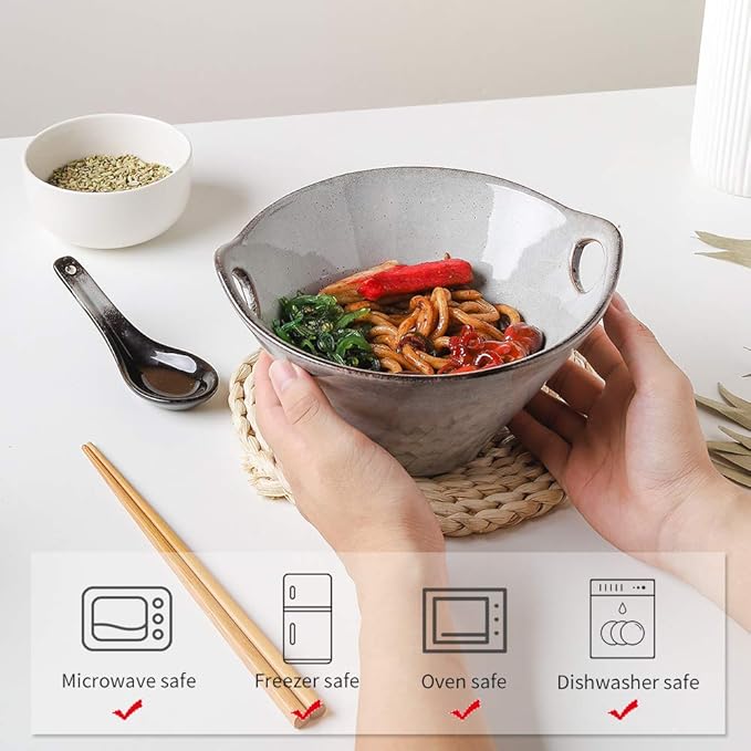 KOOV Porcelain Ramen Bowls and Spoons Set of 2, Japanese Ramen Noodle Bowl with Chopsticks and Spoons, 26 Ounce Deep Pho Bowl, Reactive Glaze (Variable Grey)