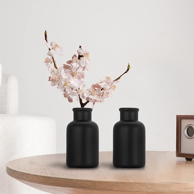 Handmade Ceramic Vase for Dried Flowers - Modern Farmhouse Home Decor, Ribbed Textured Vase for Shelf, Table, Mantel & Entryway Décor Black for Living Room & Bookshelf Display