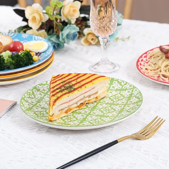 Dessert Plate Set of 6-8 Inch Ceramic Salad and Appetizer Plates - Vibrant Mix-and-Match Colors - Dishwasher and Microwave Safe