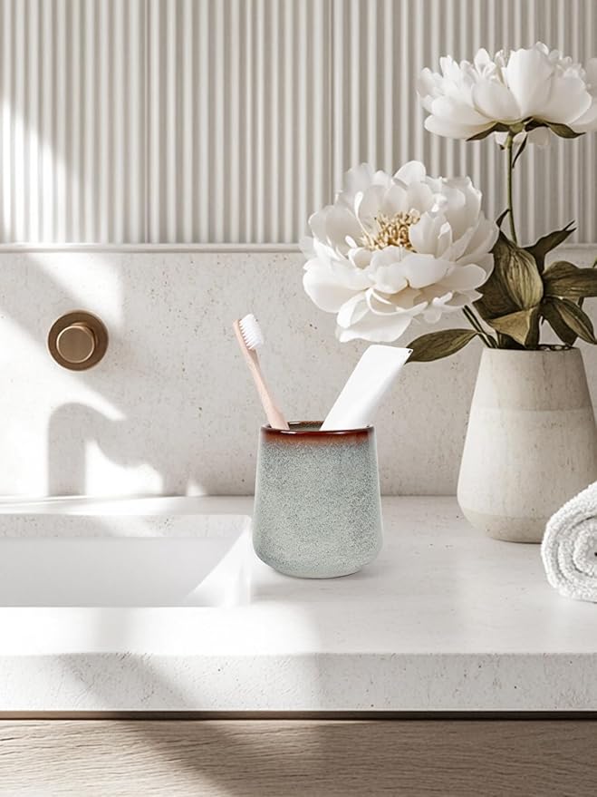 INGOFIN Ceramic Toothbrush Holder, 12 oz Toothpaste Holder Bathroom Cup, Tooth Brush Holder for Vanity Countertop, Organizer Storage for Cosmetic, Makeup, Office Pencils, Kiln-Glazed Grey White