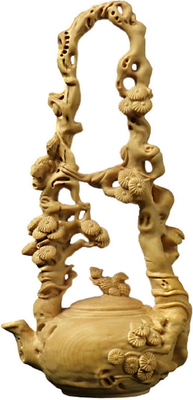 Wooden Statue Carrying Beam Pot Handmade Wood Sculpture Decor Boxwood Vintage Decoration Ornament for Living Room Bedroom Office Home Feng Shui Sculptural