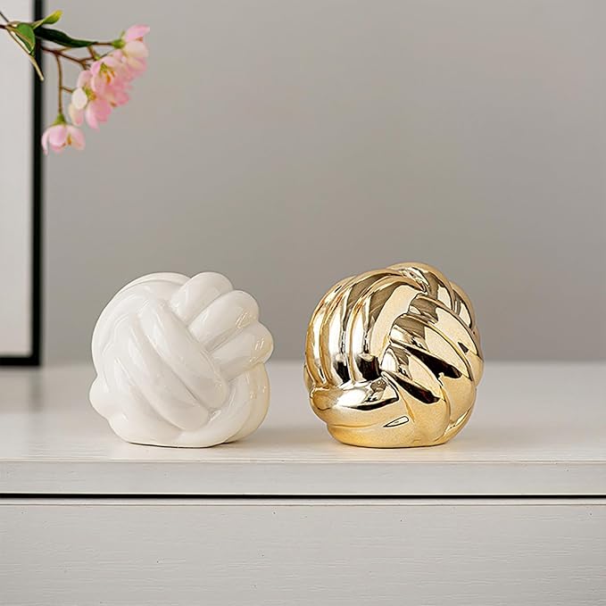 Hotfiary Small Ceramic Knot Statues Gold Home Decor, Modern Style Figurine Decorative Ball Ornaments, Sculpture Aesthetic Decor for Living Room, Bedroom, Apartment, Bookshelf, Office, Cabinets, White