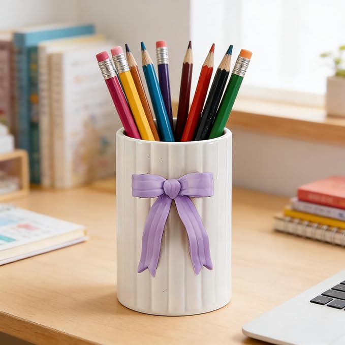 Handmade Purple Bow Ceramic Utensil Holder, 3D Coquette Cooking Utensil Crock for Kitchen Counter, Preppy Storage Caddy Organizer Vase Decor for Kitchen Countertop