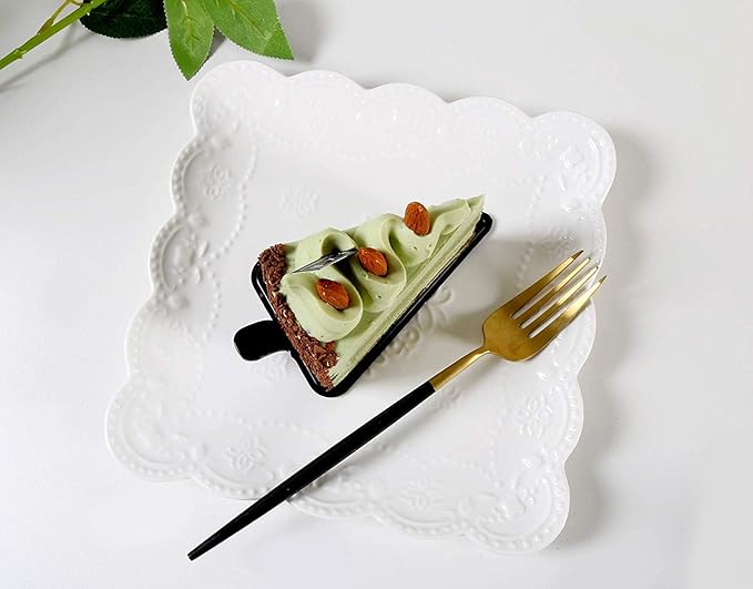 Eplze YBK Tech Elegant Square Embossed Lace Plate Bone China Dessert Plate Ceramic Plate for Breakfast Afternoon Tea (White, 6-inch)