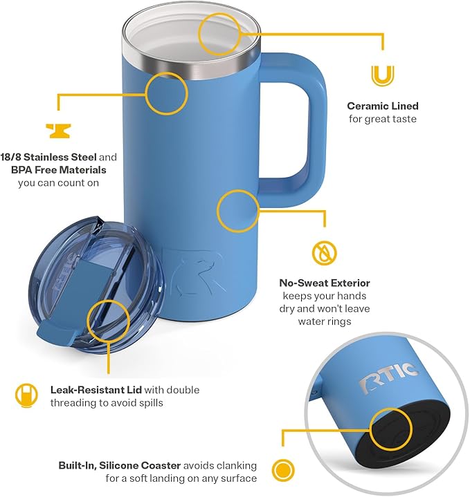 RTIC 16oz Road Trip Travel Mug with Lid and Handle, Insulated, Stainless Steel, Metal, Double Wall Vacuum-Insulation, Ceramic Lined, Portable Coffee, Tea Cup for Hot and Cold Drink, Denim