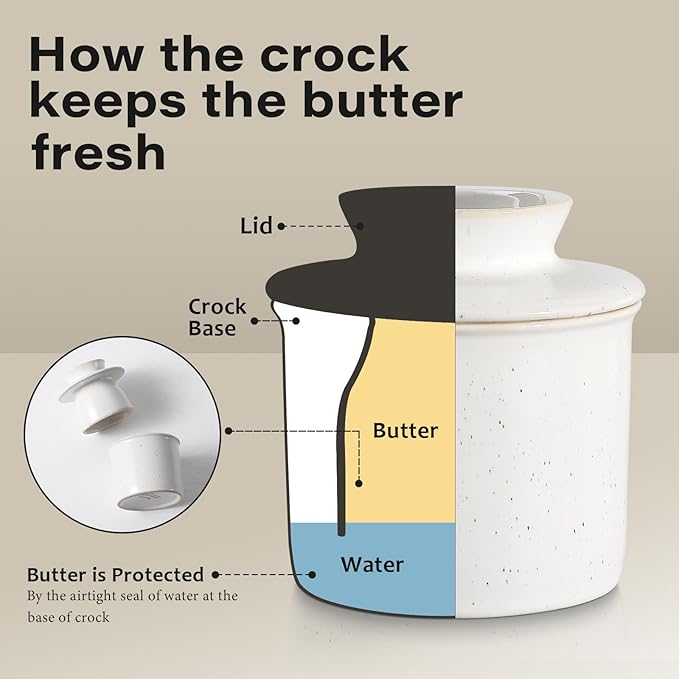 White Speckled French Butter Dish,Handmade Reactive Glaze Ceramic Butter Crock with Water Line for Speradable Fresh Butter