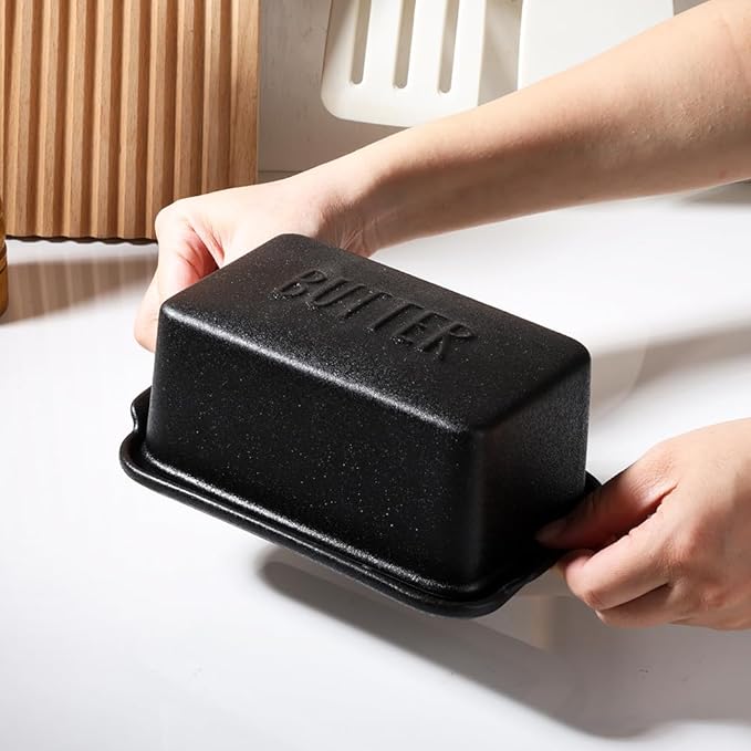 Porcelain Covered Butter Dish with Lid for Countertop Butter Holder Container for One Stick of Butter. Textured Tray Butter Keeper for Non Slip Storage-BLACK BIG