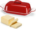 Qinyoung Ceramic Butter Dish with Lid for Countertop Extra Large Elegant Butter Dish Tray with Handle Durable Heavyweight Glazed Ceramic Kitchen Container Keeper Non-slip Base Minimalist(Red)