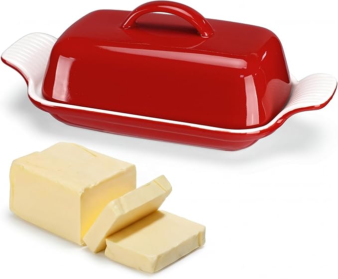 Qinyoung Ceramic Butter Dish with Lid for Countertop Extra Large Elegant Butter Dish Tray with Handle Durable Heavyweight Glazed Ceramic Kitchen Container Keeper Non-slip Base Minimalist(Red)