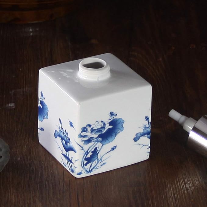 Lotion Soap Dispenser,Ceramic Lotion Soap Dispenser with Pump for Bathroom and Kitchen Office, Vintage Blue and White Porcelain Floral Decorative Liquid Bottle
