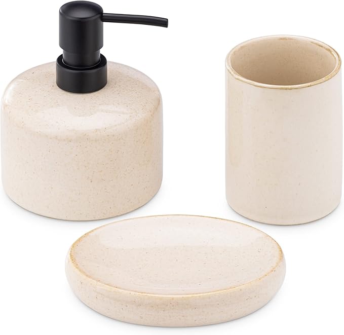 Navaris Ceramic Bathroom Accessories Set (3 Pieces) - Includes Soap Dispenser, Toothbrush Holder, Soap Dish - Modern Bath Accessory Holders - Sand