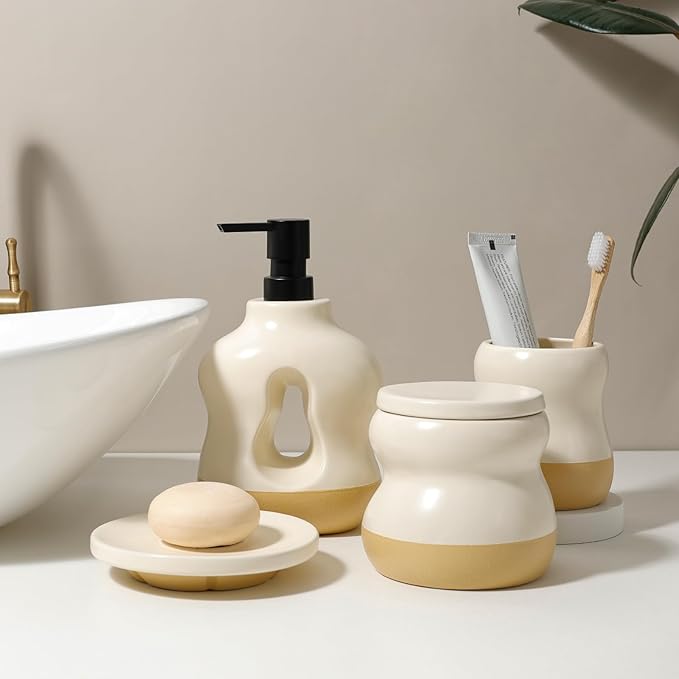 BosilunLife Bathroom Accessories Set of 4 - Beige Bathroom Countet Soap Set Bathroom Decor Bathroom Lotion Soap Dispenser Sets Toothbrush Holder, Soap Dish, Apothecary Jar (Beige with Sand Base)
