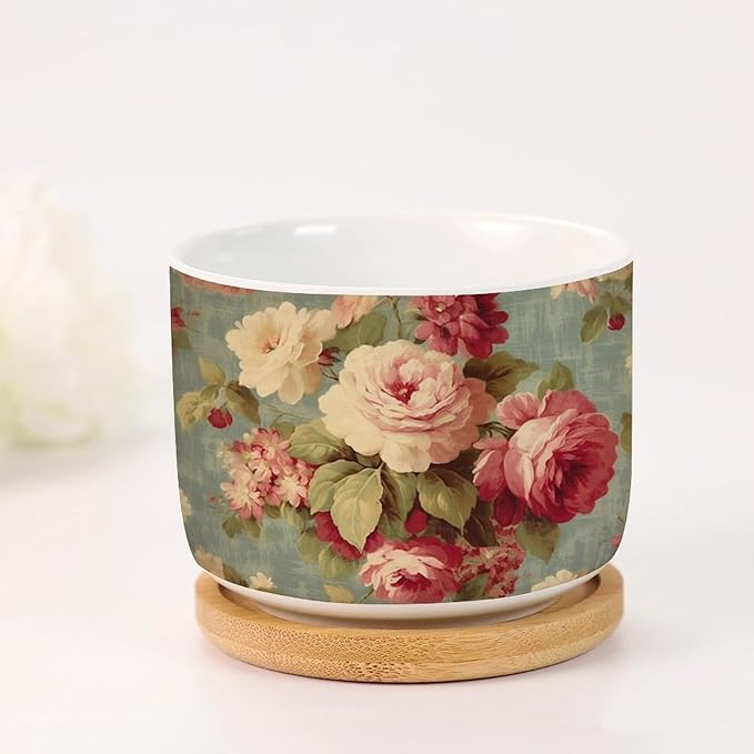Set of 3 Cottage Chic Antique Pink Flower Small Succulents Pots Pink Cabbage Roses Romantic Planters Ceramics with Drainage Holes Chinoiserie Asian Cactus Planter for Indoor