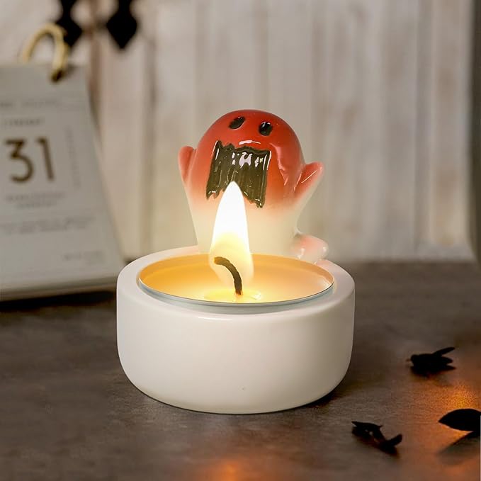 Halloween Ghost Ceramic Candle Holder Scary Ghost Decorative Candle Holder Halloween Cute Tealight Candlestick for Party Table Centerpiece Home Office Desk Decorations Gifts