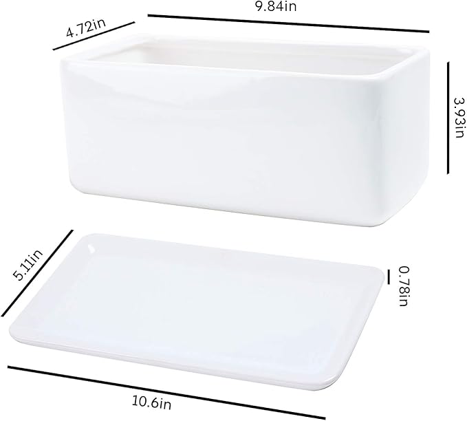 10 inch Rectangular White Ceramic Planter Pot Succulent Cactus Herb Flower Container Window Box Saucer Removable Drip Tray Base Drain Holes Home Office Indoor Outdoor Garden Desktop