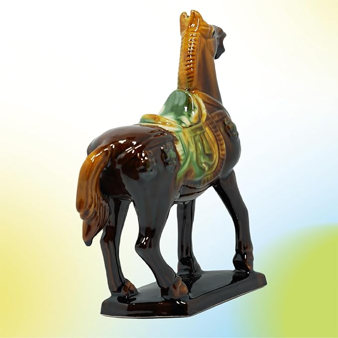 Handmade -Tang Dynasty Tri-Color Horse Sculpture Ceramic Horse-19cm Cultural Art Piece for Home,Bookcase or Office Decor (Brown)