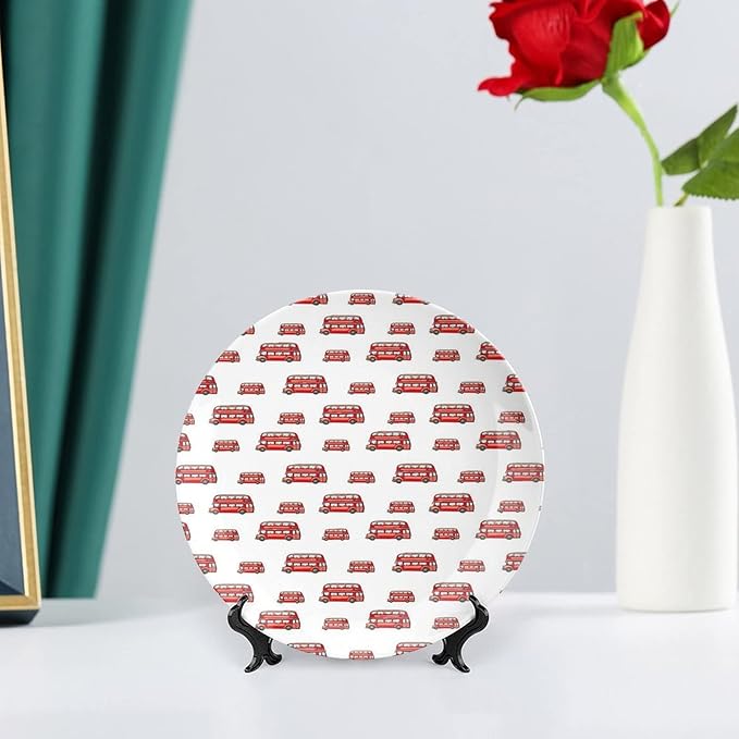 XISUNYA 10 Inch Decorative Plate, London Round Porcelain, Funny Cute Kids Toy Double Decker Bus Cartoon Print Ceramic Wall Hanging for Home & Office Wall Hanging Decor, Vermilion Pale Blue Brown
