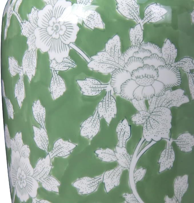 Spring Floral Ceramic Vase, Green and White Chinoiserie Vase with Hand-Painted Peony Design, 14 Inch Tall Decorative Vase for Home Decor, Table Centerpiece