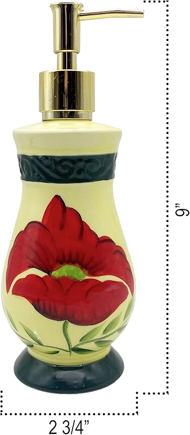 ACK Tuscany Floral Poppy Hand Painted Ceramic Collection Refillable Soap Dispenser, Lotion Jar, Kitchen Décor, Bathroom Décor
