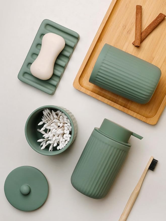 INGOFIN 4 Pcs Ceramic Bathroom Accessory Set - Liquid Soap Dispenser, Toothbrush Holder,Contain Cotton Swab Jar & Soap Dish,Countertop Accessories for Home, Guest Bathroom, Office, Matte Green