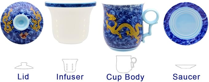 Porcelain Tea Cup with Infuser Lid and Saucer Sets - Chinese Jingdezhen Ceramics Coffee Mug Teacup Loose Leaf Tea Brewing System for Home Office