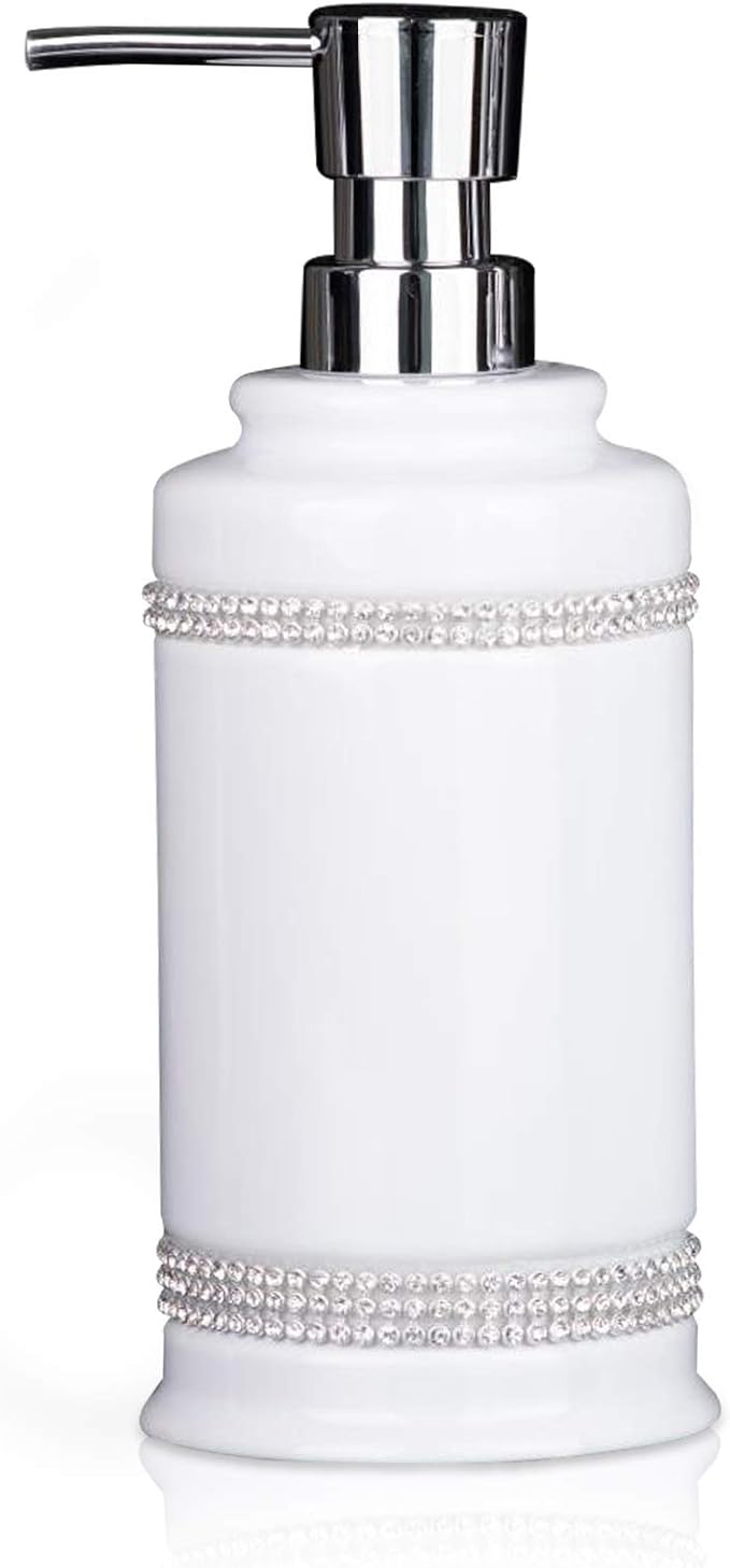 17 OZ Hand Liquid&Lotion Soap Dispenser Pump Bottle Ceramic White for Kitchen Bathroom Countertop Laundry Room Holds Dish Soap Shampoo Laundry Liquid Shower Gel (Inlaid Rhinestone) (White1)