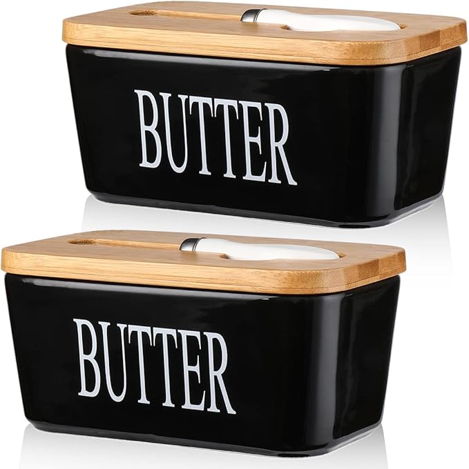 AISBUGUR Butter Dish with lid Ceramics Butter Keeper Container with Knife and High- quality Silicone Sealing Butter Dishes with Covers Good Kitchen Gift, Set of 2, Black