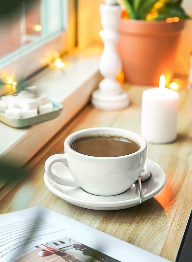 LE TAUCI Cappuccino Cups with Saucers 8 oz, Set of 4 Large Ceramic Coffee Cup Set for Latte, Au Lait, Flat White, Mocha, Tea Cup Set, Dishwasher Safe, Embossed Coffee Cups, White