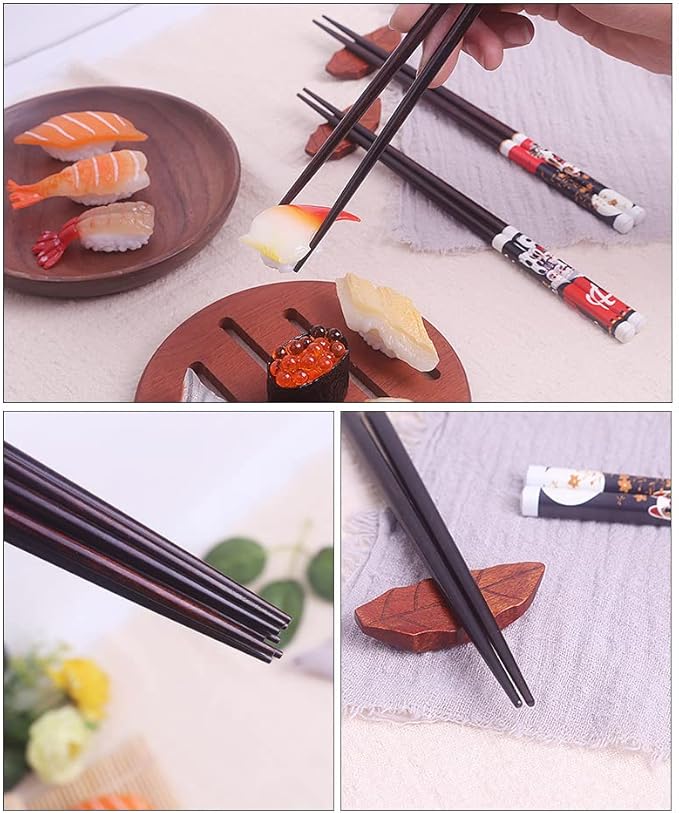 Wooden Chopsticks Reusable 5 Pairs Lucky Cat Design Gift Set Hand-made Japanese style 8.8 Inch/22.5cm