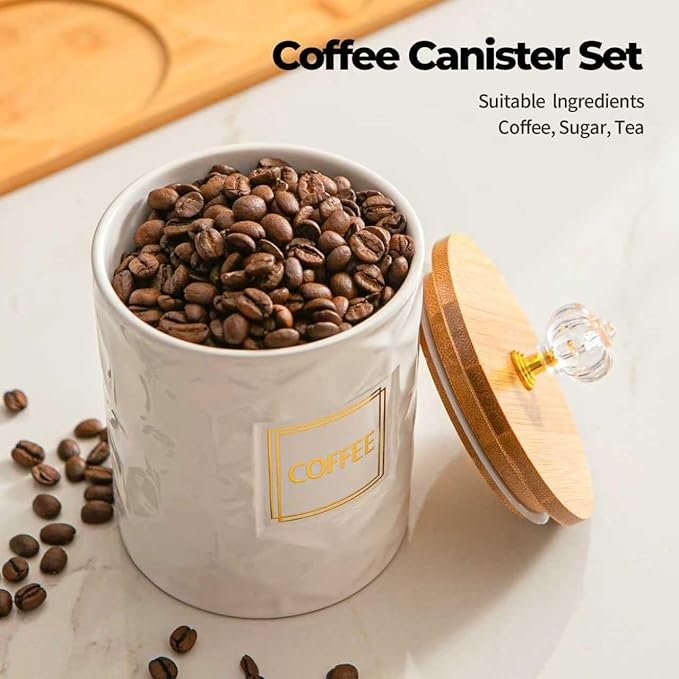 Set of 3 Ceramic Canisters for Sugar Coffee Tea with Tray, White Airtight Food Storage Jars with Wood Lids, Kitchen Counter Storage Containers - 23oz