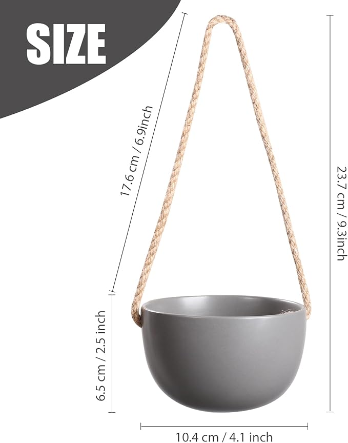 INGOFIN 4 Inch Ceramic Hanging Planter, Modern Hanging Plant Pot with Jute Rope, Succulent Bonsai Pots, Matte Grey Porcelain Flower Pots, for Indoor and Outdoor, Set of 4 (Matte Grey)
