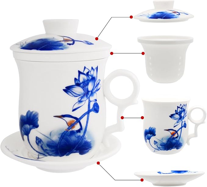 Porcelain Tea Cup with Infuser Lid and Saucer Sets - Chinese Jingdezhen Ceramics Coffee Mug Teacup Loose Leaf Tea Brewing System for Home Office
