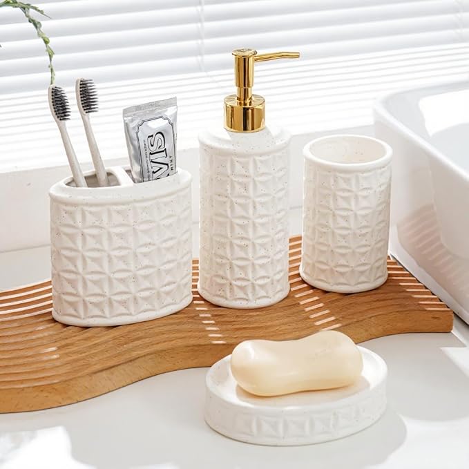 Bathroom Accessories Set 4 Pcs - Ceramic Soap Dispenser, Toothbrush Holder, Tumbler & Soap Dish with Coin Pattern Design, White Bathroom Decor Set for Counter Organization