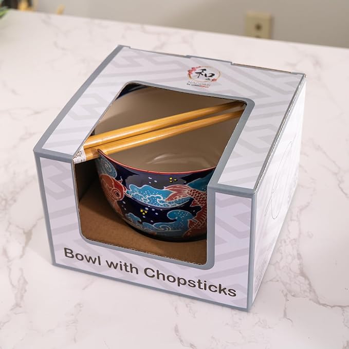 Urban Tokyo Handpainted Ceramic Glazed Japanese Ramen Udon Noodle Rice Bowl With Chopsticks 20 fl oz 5 inch Diameter Bowl Sets Color Box Packaging (Japanese Koi Fish)
