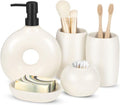 5 Pcs Ceramic Bathroom Accessories Set, Beige Counter Includes Soap Dispenser Toothbrush Cup Holder Soap Box Qtip Holder Stylish Modern Bathroom Matte Glaze Decor(White)