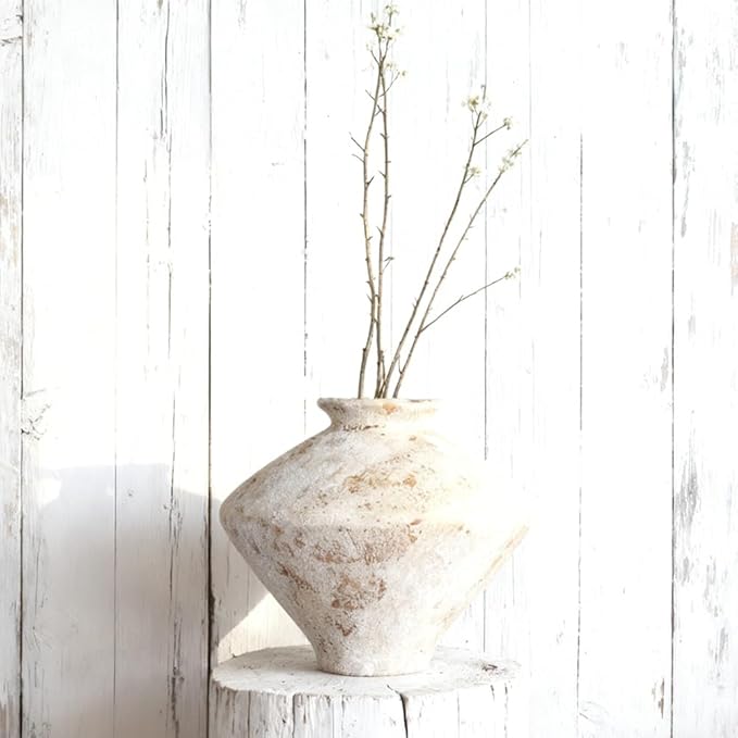 Whitewashed Terracotta Ceramic Vase, 11.5" Large Rustic Farmhouse Pottery Vase with Wide Mouth, Watertight Flower Vase for Fresh Flowers, Pampas Grass and Table Centerpieces Decor