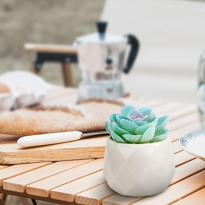 VIVERIE Mini Blue Artificial Succulent in Pots (White Ceramic, 4 Pot Set) Fake Plants for Indoors, Office Decor Blue Gift for Women, Office Home Decor Gifts, Faux Plant for Shelf/Desk/Bathroom Decor