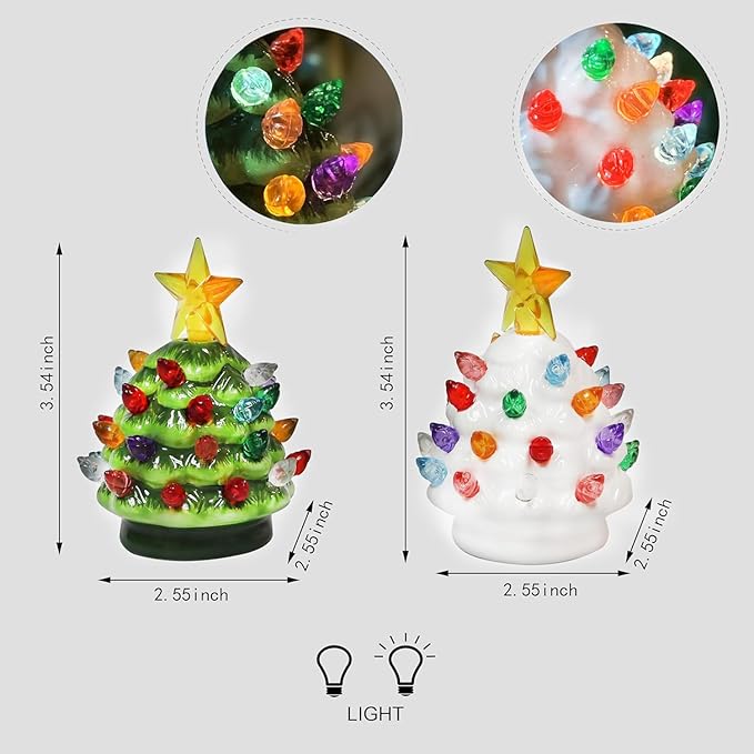 MOMENTS IN TIME Ceramic Christmas Tree Set of 2 Mini 3.5”H LED Light Up Tabletop Trees with Multicolor Bulbs & Star Topper, Battery Operated, Vintage Holiday Décor for Mantel Table or Desk