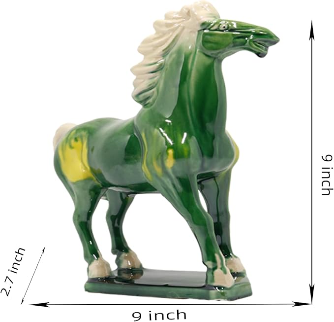 Handmade Chinese Ceramic Horse Sculpture - 9 Inch Tang Dynasty Tri-Color Porcelain Figurine, Museum Quality Home Office Desk Decor, Authentic Cultural Art Piece - Symbol of Strength & Success (Green)