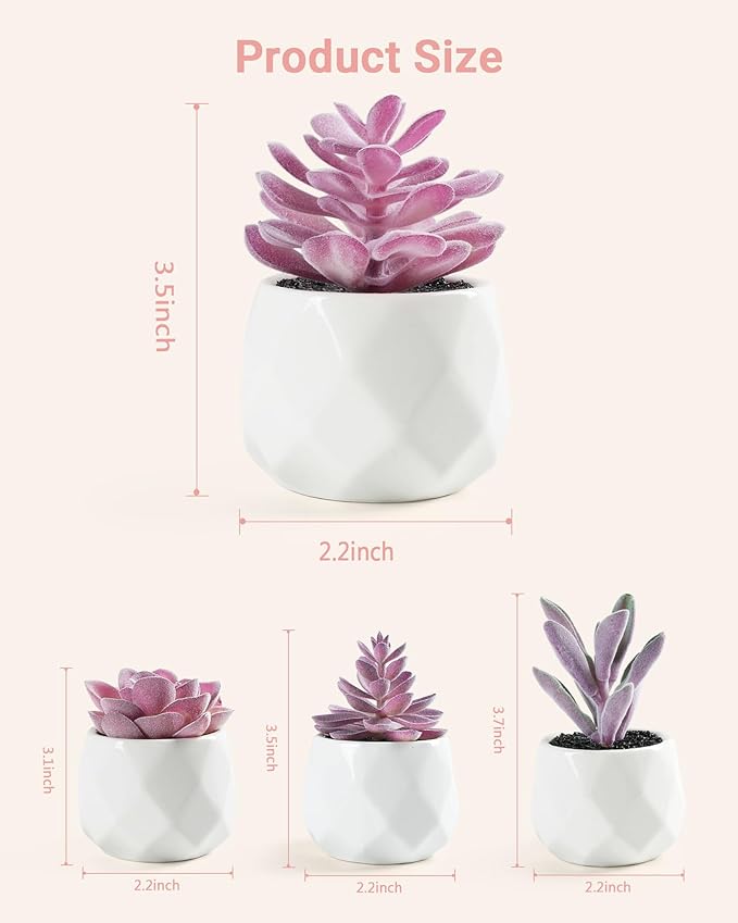 VIVERIE Mini Succulents Plants Artificial in Pots, Christmas Small Fake Plants for Home Decor Indoor for Women, White Ceramic Faux Succulents, Set of 4, Gifts for Mom-Purple