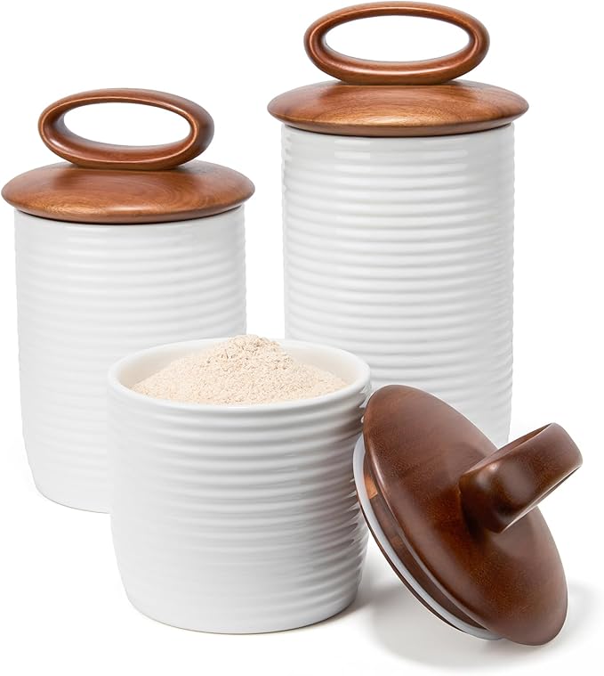 Nambe x Tom Papa Breaking Bread Canister, 8" x 6" - Modern Ceramic Storage Jar with Acacia Wood Lid & Silicone Seal - Stoneware Kitchen Pantry Container for Baking & Cooking (Small)