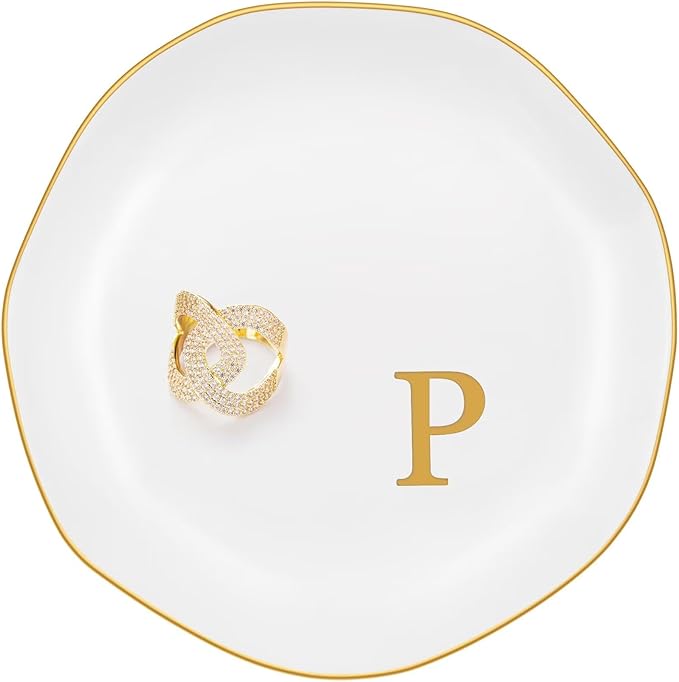 Ceramic Jewelry Tray, Personalized Initial Ring Dish, Elegant Trinket Tray for Rings Earrings Bracelet Necklaces, White Decorative Jewelry Holder for Women Vanity, 4.5 Inch, Letter P