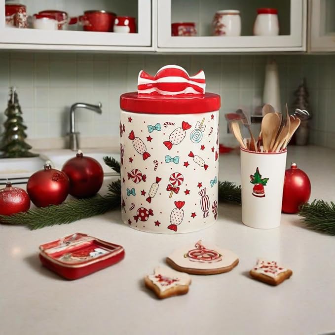 Christmas Cookie Jar with Lid, 9.4" Ceramic Candy Jar Canister, Ceramic Storage Jar Container, Decorative Xmas Cookie Container for Holiday Kitchen Counter Displays, Treats, and Gifts (Large)